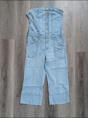 Vintage Fat Farm Denim Romper Womens Size 14 Strapless Light Wash Distressed Y2K